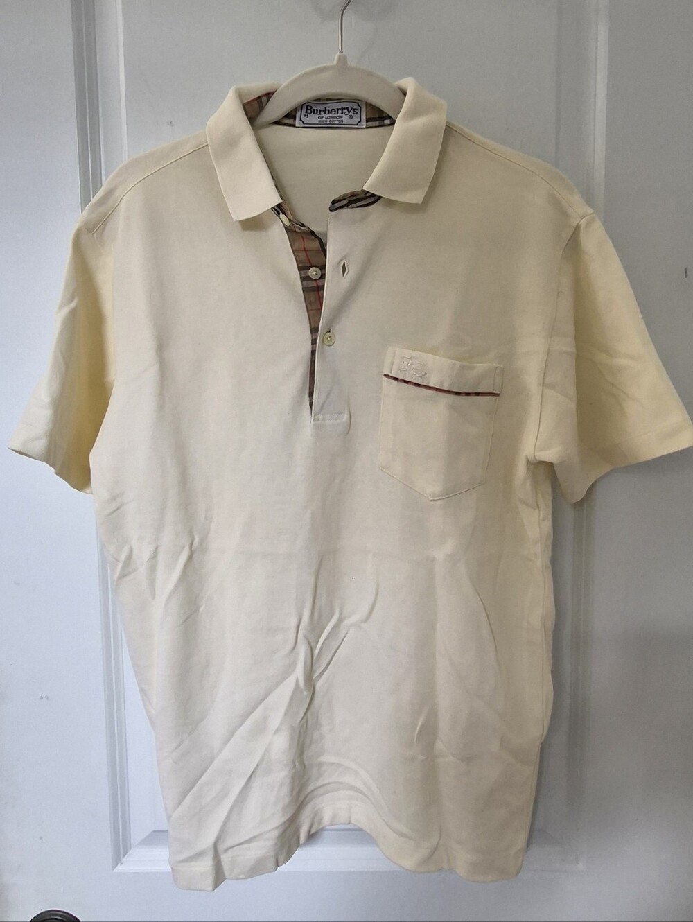 Vintage Burberry's Cream Polo with Signature Check Trim Men's Medium
